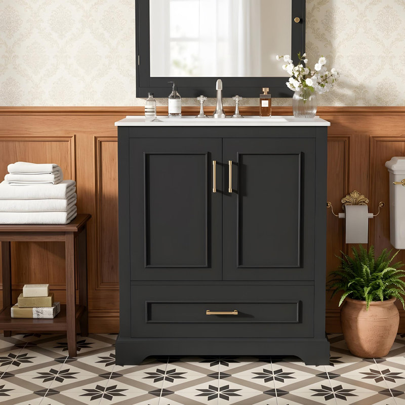 Bathroom vanity with a ceramic sink, compartmentalized drawers, soft-close doors, and a cabinet shelf, Black, 30