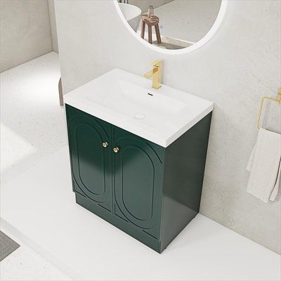 Évier de salle de bain autoportant en résine blanche et 2 portes d'armoire à fermeture en douceur, rangement pour salle de bain