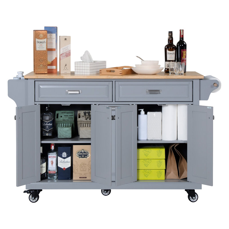 Kitchen Island With Rubber Wood Countertop, Kitchen Cart On 5 Wheels With Storage Cabinet And 2 Top Drawers And A Center Double Layered Storage Drawer For Dinning Room