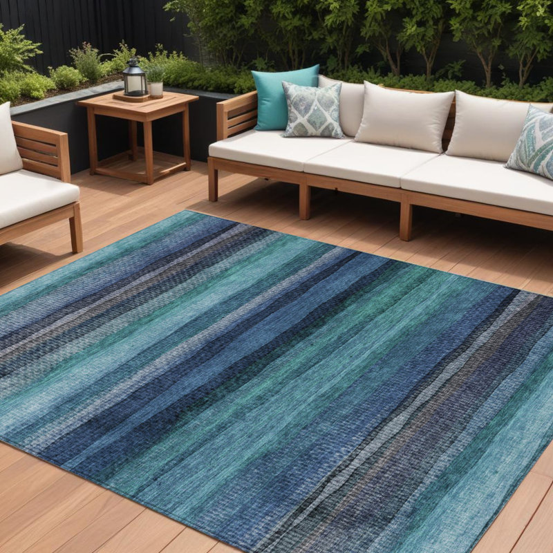Tapis extérieur lavable rayé bleu sarcelle 8 pi x 10 pi bleu sarcelle et bleu marine