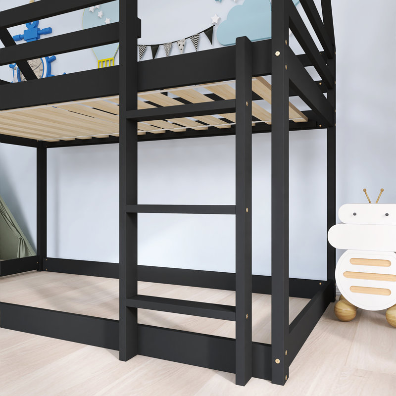 Wood Frame Twin Over Twin Size House-Shaped-Bunk Bed With Ladder,Guardrails, Black