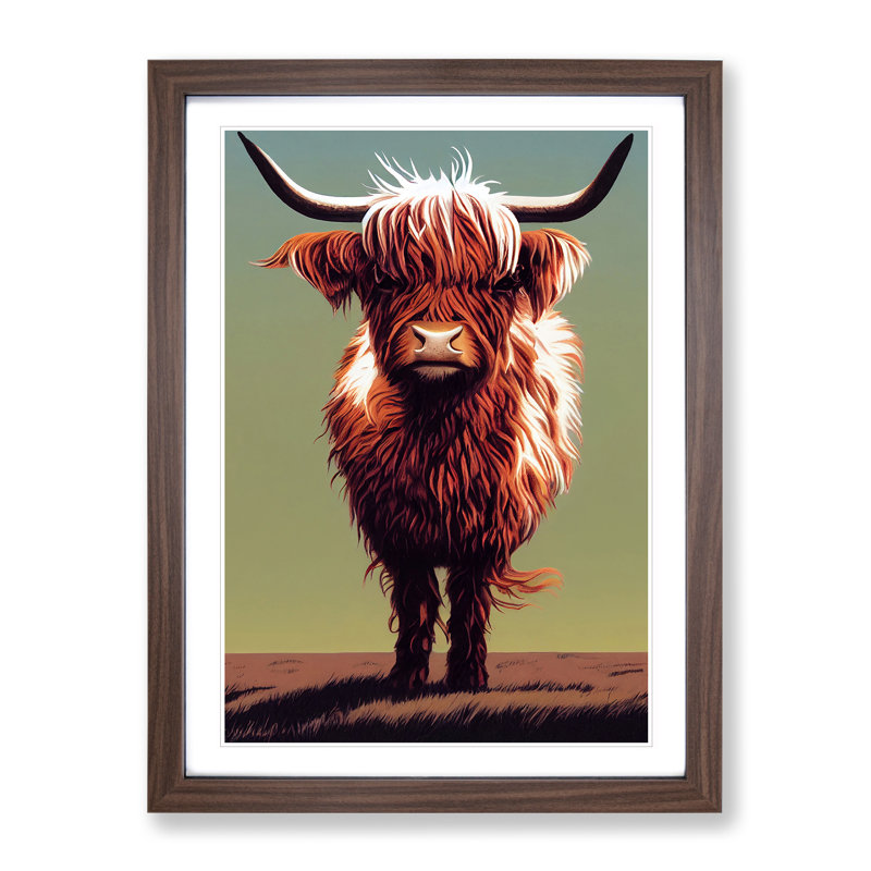 A Curious Highland Cow - Single Picture Frame Print, 46cm H x 34cm W x 2cm D, Walnut Framed