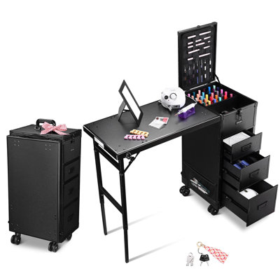 BYOOTIQUE Rolling Nail Tech Desk with 4 Drawer Two-way Removable Tabletop