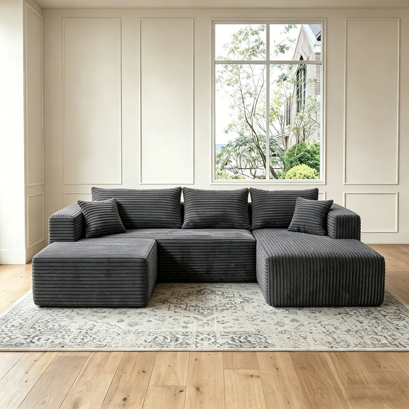 92.5" Modular Sectional Compression Sofa, U-shaped Modern Corduroy Couch Set No Assembly Required Left Grey, Gray