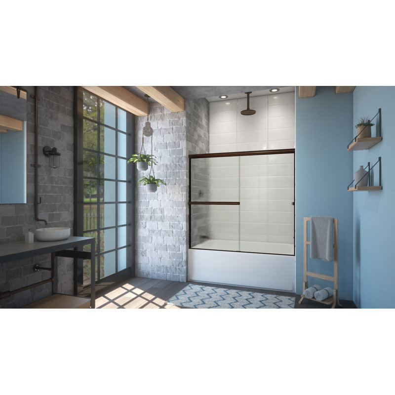 Lete - W x 55.375'' H Bypass Door Semi-Frameless Tub Door with, Anodized Oil Rubbed Bronze, Reeded