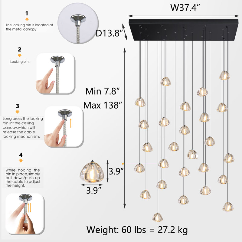 26-lights Rectangular Crystal Chandeliers Led Dimmable Light, Matte Black
