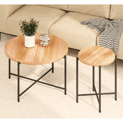 Table de bout 2 pièces avec ensemble de table basse et plateau en MDF imperméable avec revêtement en PVC pattes en métal noir patiné - charme rustique classique brun cèdre rouge.