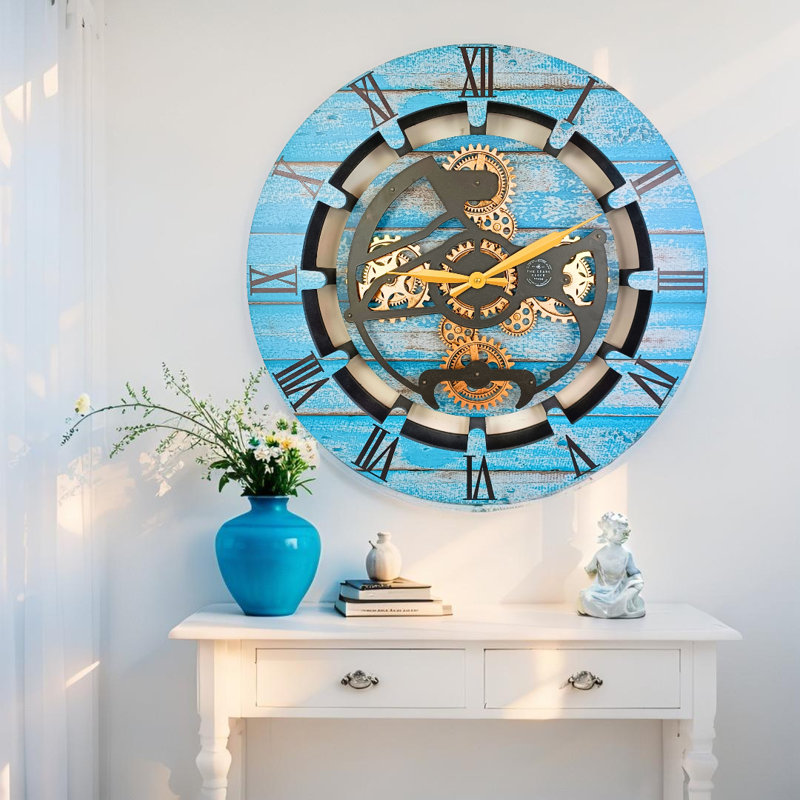 Horloge murale ronde surdimensionnée de 24 po pour le salon avec la collection Real Gear Gears Canada, Bleu océan