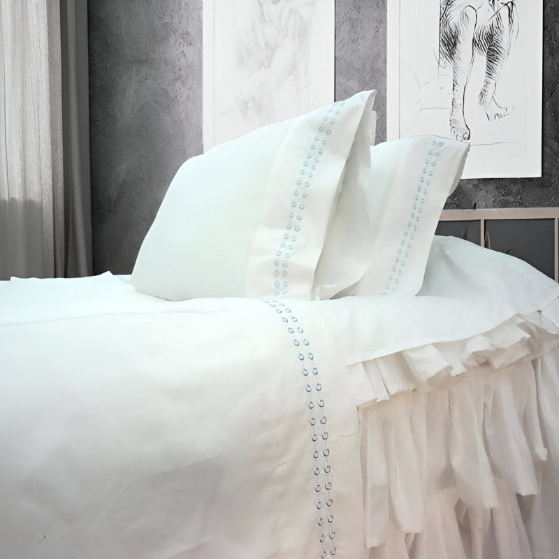 400TC Sateen Solid Cotton Dot Embroidered Cotton 4 Piece Sheet Set Fitted Sheet Fits Upto 16" Deep Pocket, Light Blue Border