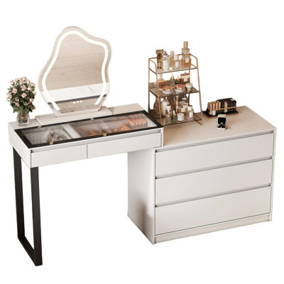 Corner Makeup Vanity Desk With Mirror And Lights, 58" Modern L-shaped Vanity Table With Glass Top, Large Dressing Table With 2 Drawers & 3 Tier Dresser For Bedroom, White