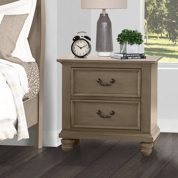 2-Drawers Nightstand with Tapered Feet and Metal Hardware Pulls, Sturdiness Wood Frame, Bedroom/Living Room Furniture - Dark Grey