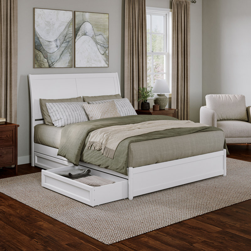 Lit plateforme en bois massif Lamayia avec pied de lit et tiroirs de rangement, White, Grand