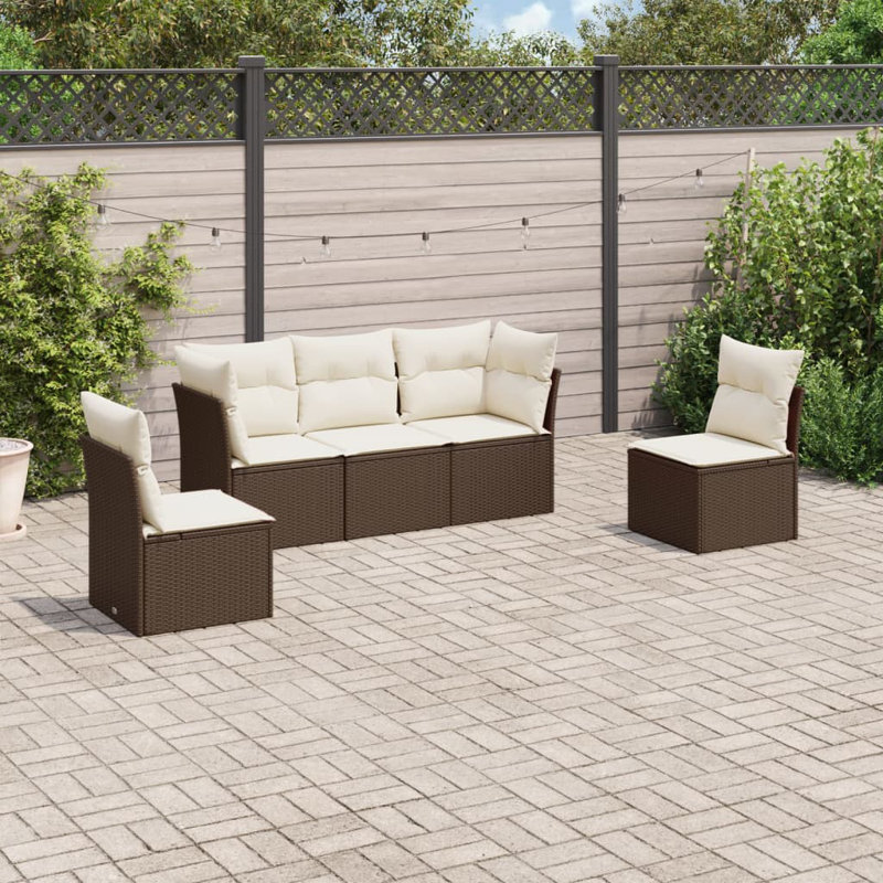  Ensemble de canapé de jardin 5 pièces en rotin de polyester brun et blanc crème