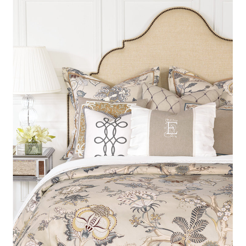 Édredon à motif floral beige / gris Edith, Édredon double / double, Faufilé à la main