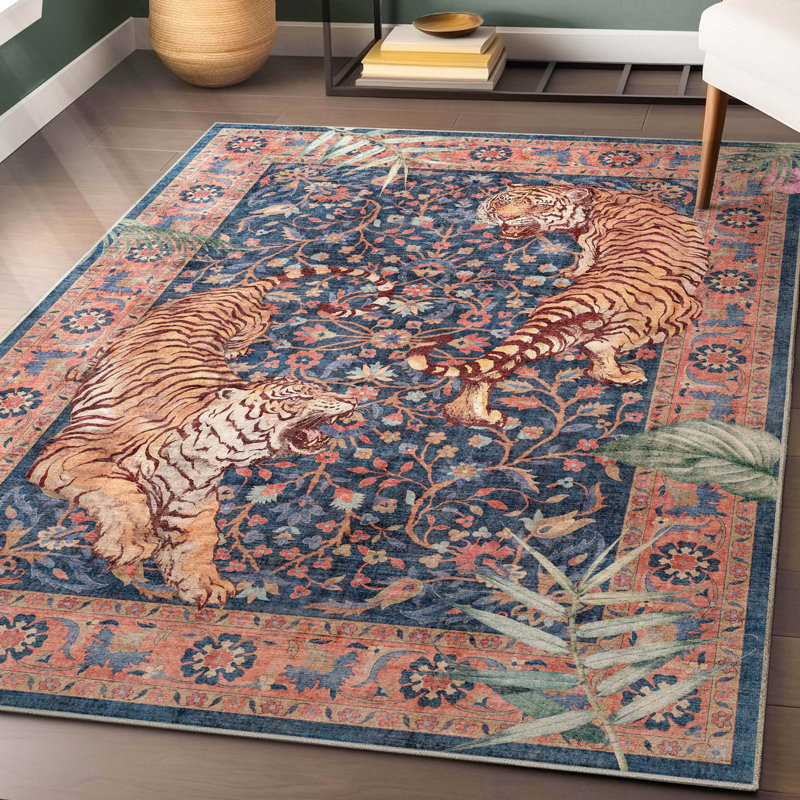Tapis bleu marine à motif floral Shanea, Rectangle 5 pi 3 po x 7 pi 3 po