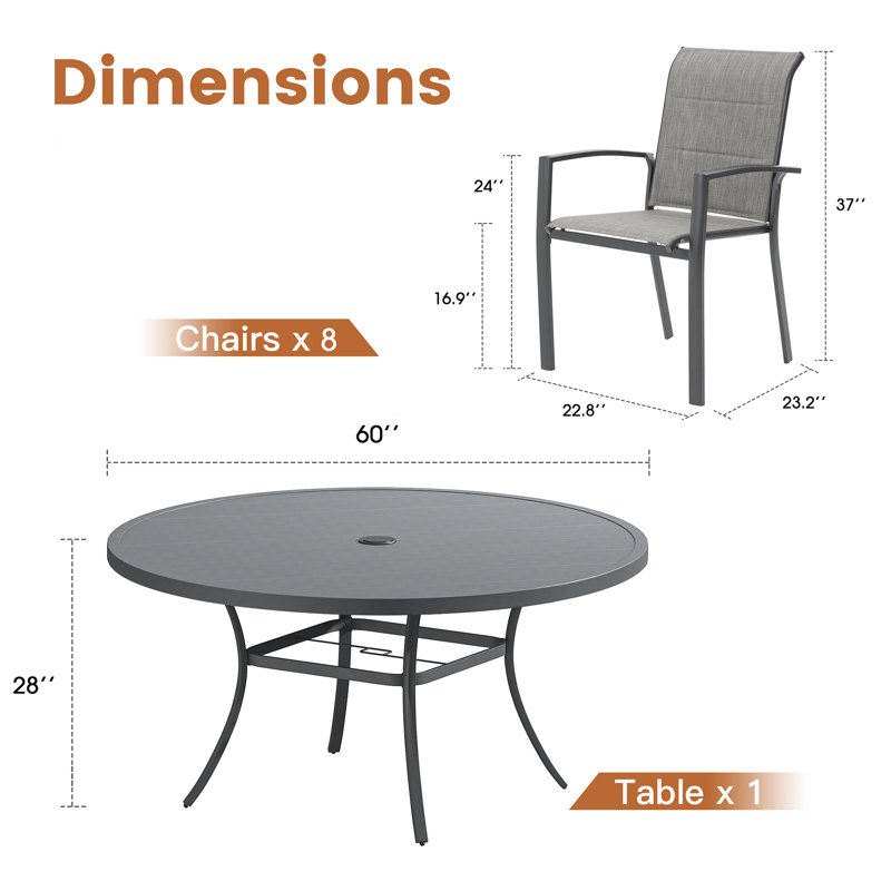 Ensemble de salle à manger 60 "avec très grande table ronde et 8 chaises rembourrées en textilène, Gris
