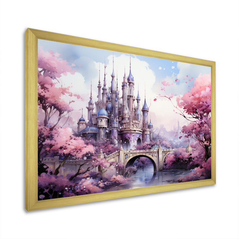 Pink Bridge Enchanted Crossing II - Architecture Canvas Art Print, Encadrement doré, H 30 po x l 40 po x P 1,5 po
