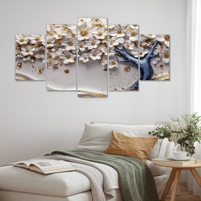 «White and Blue Cherry Blossom Garden of Branches III», ensemble d'art mural cerisier en fleurs