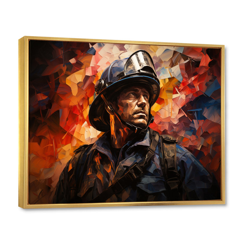 Portrait de pompier I sur toile, Cadre flottant doré, H 30 po x l 40 po x P 1,5 po