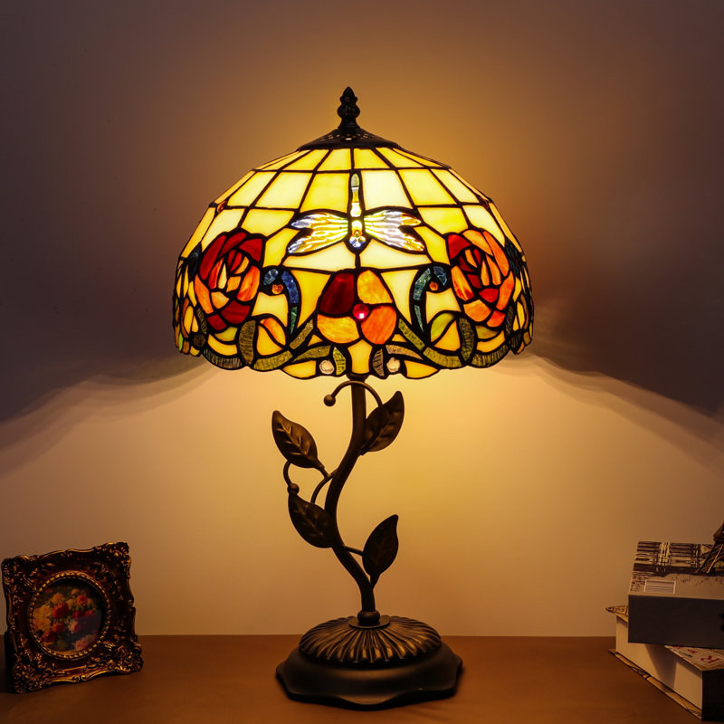 Tiffany Table Lamp, Adjustable 3 Color Temperature, Dragonfly Rose Style Lampshade & Metal Leaf Antique Base Desk Reading Light 12X12X19 Inches Decor for Bedroom Living Room Office