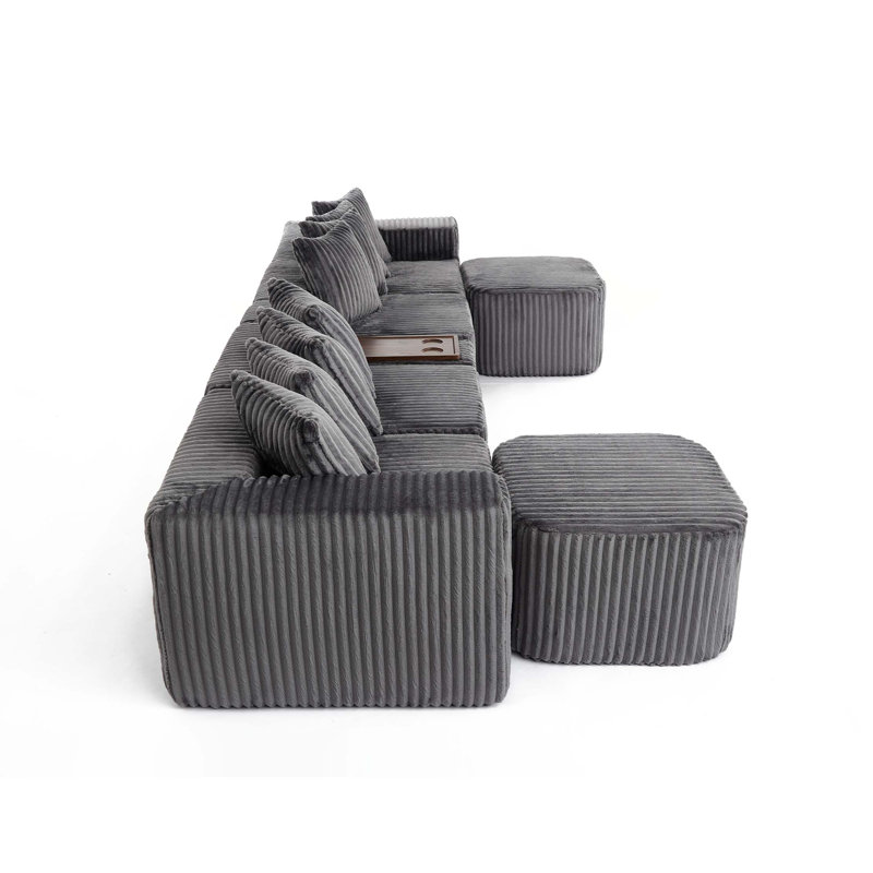 Canapé modulaire en forme de U avec chargeur sans fil et porte-gobelets, Velours côtelé gris