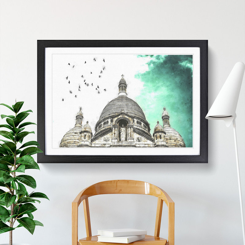 Birds Above Sacre Coeur Paris Painting - Single Picture Frame Print on MDF, 45cm H x 33cm W x 2cm D, Black