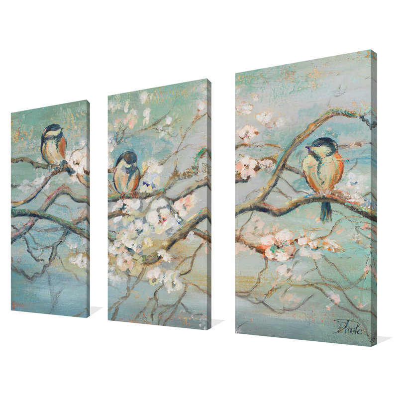 «Spring Branch with Birds», ensemble de 3 reproductions d'art sur toile tendue, H 32 po x l 48 po x P 0,75 po