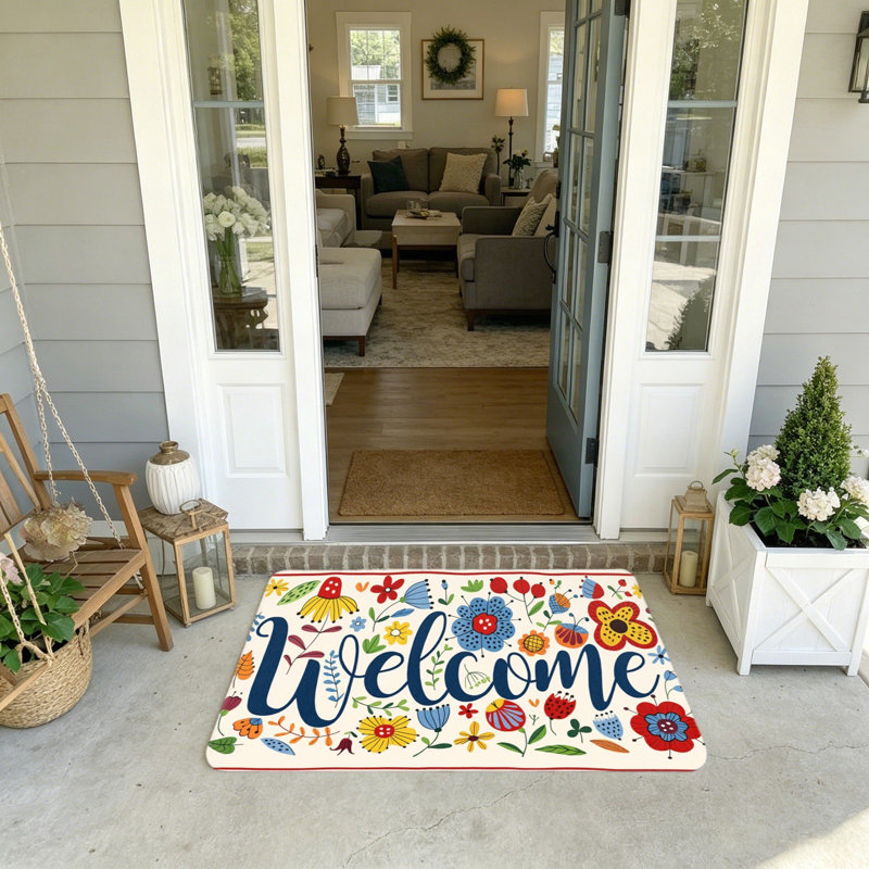 Tapis de bienvenue crème à motif floral folk art 20 x 32 po, pour porche, patio et entrée