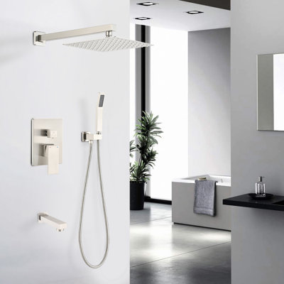 Wall Mounted Shower In Brushed Nickel Finish - 10" Rain Head, Handheld Shower, Adjustable Spray Pattern, Corrosion Bathroom Assembly 10 Inch Easy Installation,