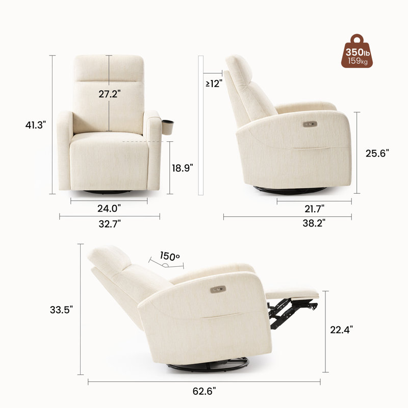 Fauteuil inclinable, oscillant et oscillant de 32,7 po de largeur, en chenille, avec accoudoirs de rangement, ports USB et Type-C intégrés