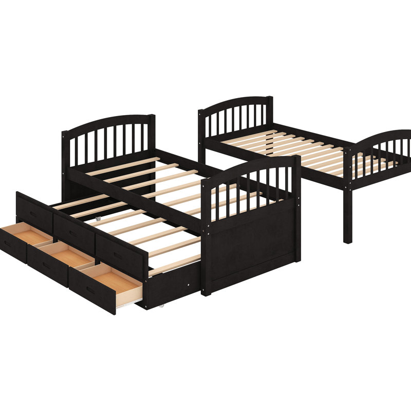 Lit simple superposé au-dessus d'un lit gigogne avec couchette en bois, Espresso