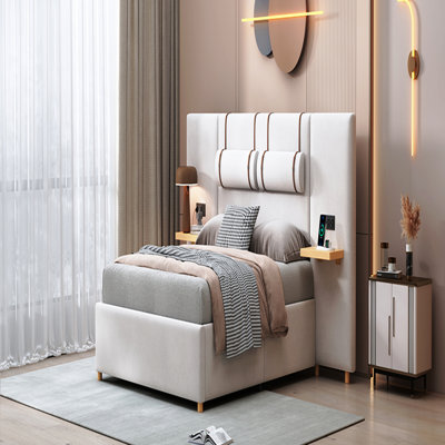 Queen Upholstered Platform Bed, Two Outlets And USB Charging Ports On Both Sides, Two Bedside Pillows, Storage Shelves, Velvet by Mercer41