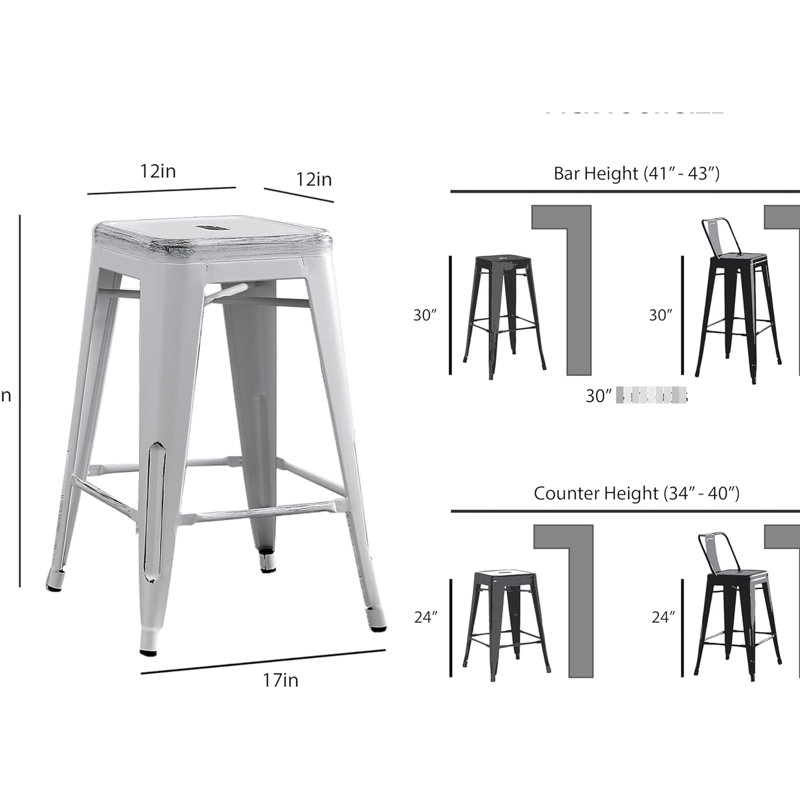 Tabourets de bar rétro en métal (sans dossier) (de 2), siège de 24 po, poids, quatre pieds avec embouts en caoutchouc, contreventement renforcé, aucun assemblage requis, couleur blanc industriel vieilli contemporain, empilable, solide