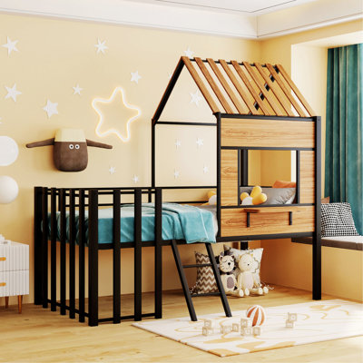 Modern Bed Frame For Bedroom, Guest Room, Metal Loft Bed With Roof, Window, Guardrail And Ladder, Bedroom Bed Frame For Home