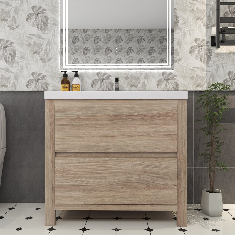 Meuble-lavabo simple 35,5 po avec plateau en acrylique Rosner, Chêne blanc