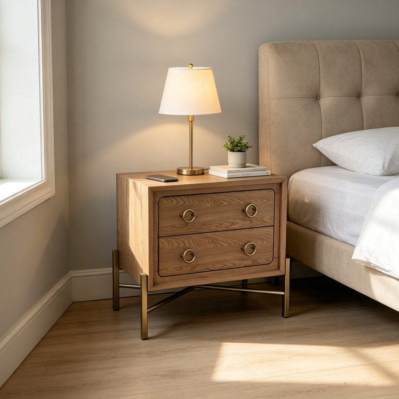 Table de chevet moderne 30 po à 2 tiroirs avec base en métal et ports USB, plateau en feutre et tiroir en cèdre, placages en orme