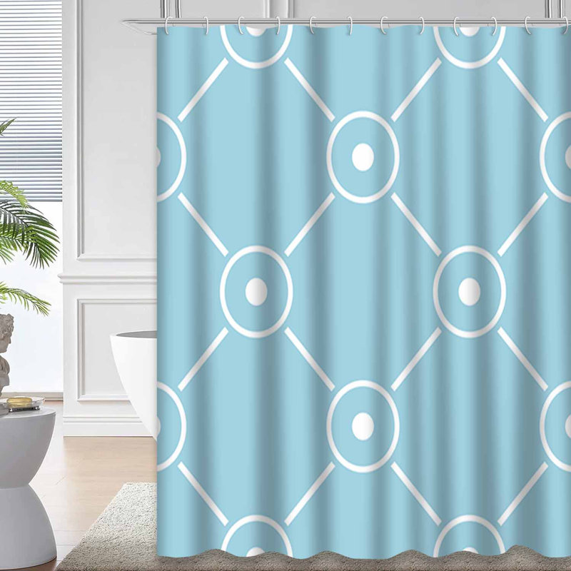 Rideau de douche bleu avec motif géométrique bleu et blanc à 12 crochets, 72" L x 78" W