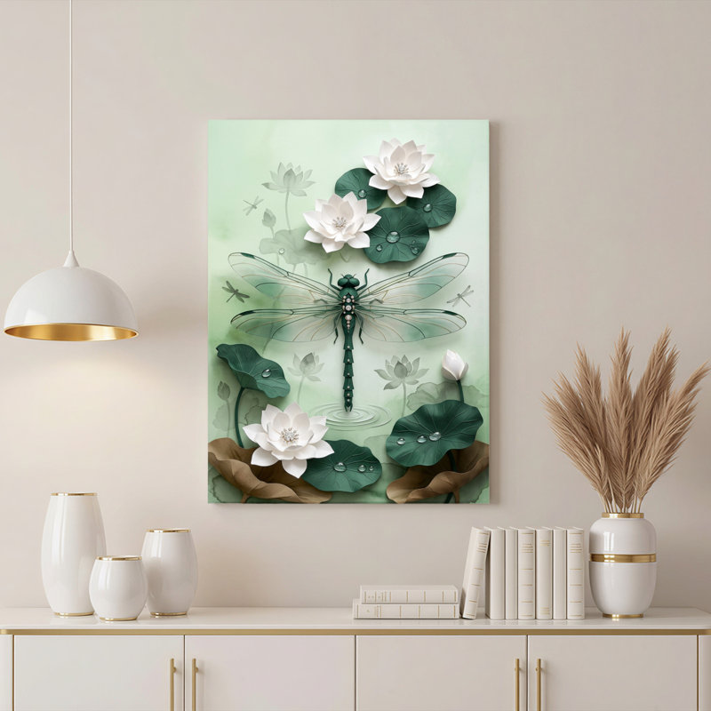 «Gallery Wrap», art mural sur toile pour le salon, la chambre à coucher, le bureau ou le vestibule - décoration murale décorative avec lotus libellule