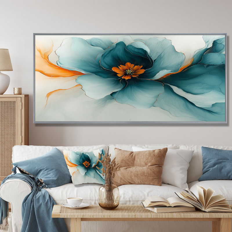 Abstrait doré renoncule doré et turquoise II - Renoncule grand, art mural, H 28 po x l 60 po, Argent argent