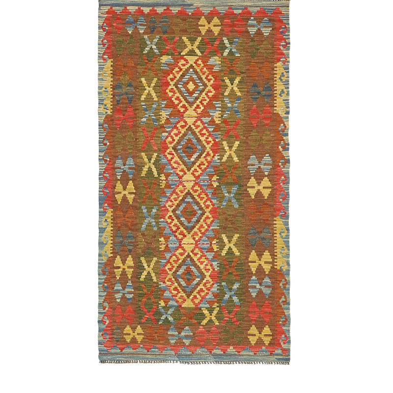 Tapis de surface en laine vert/rouge/brun 3 pi 2 po x 6 pi 2 po one-of-kind à la main noué la Doorfield