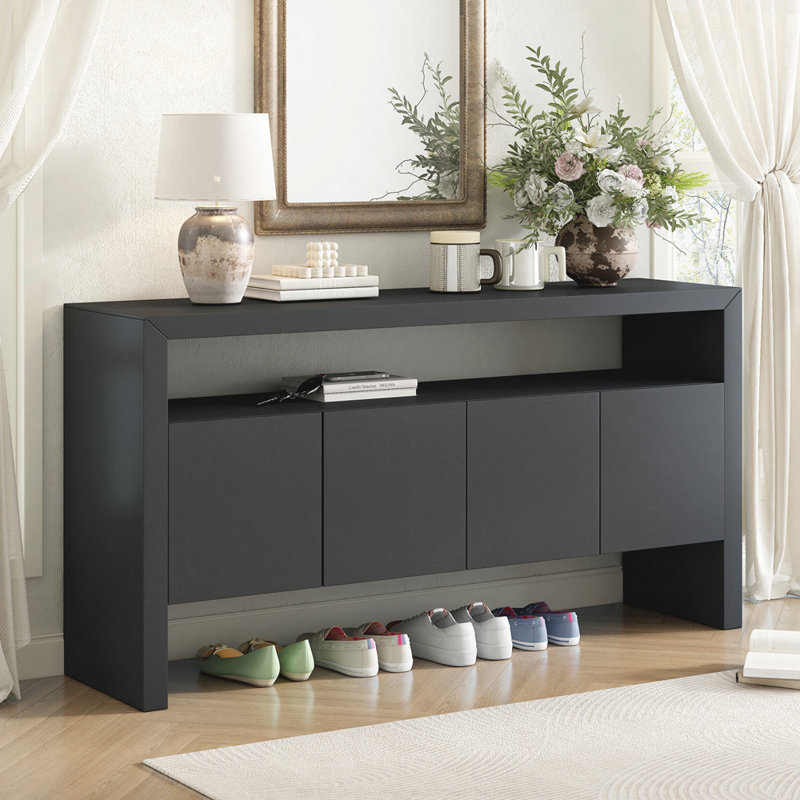 Buffet U-Style en placage de bois massif de 60 po avec portes à fermeture en douceur, rangement double, idéal pour organiser les articles essentiels dans différentes pièces U-Style, console de 60 po, minimaliste moderne, double, articles pour la maison