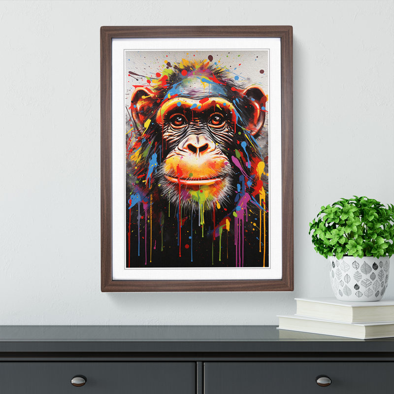 Monkey Modern - Single Picture Frame Print on Wood, Walnut Framed, 34cm H x 25cm W x 2cm D