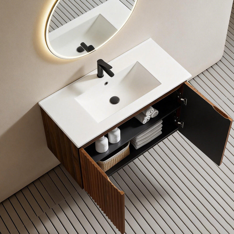 Meuble-lavabo suspendu Timbrx de 36 po avec lavabo intégré, Noyer, 36 po