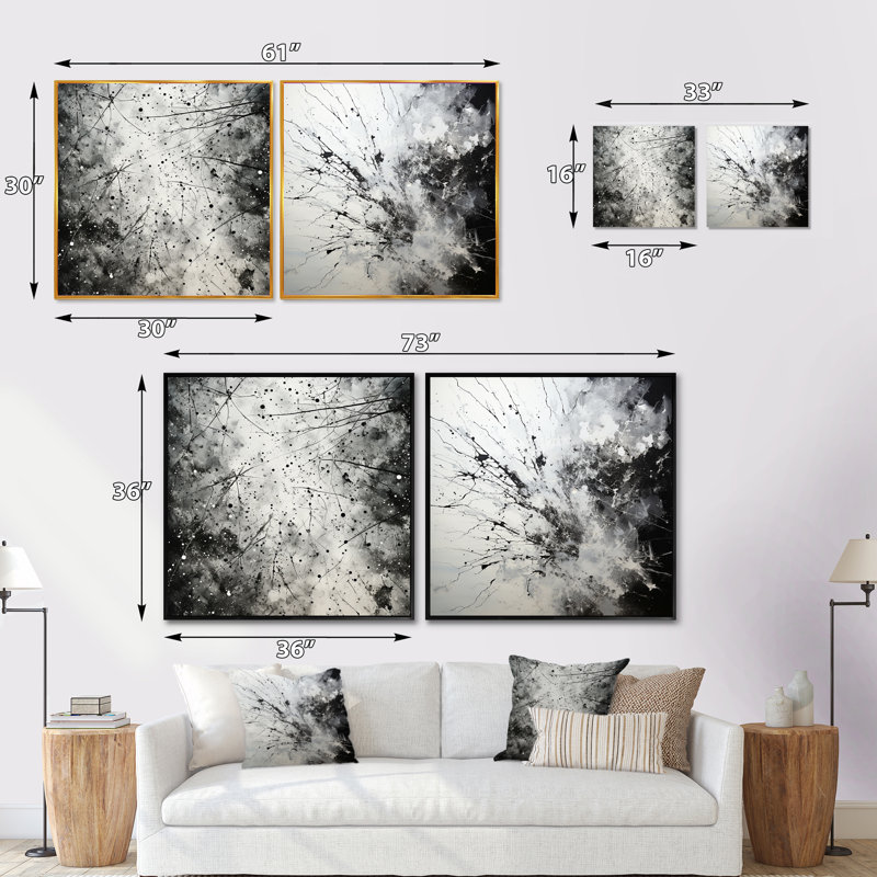 Minimalisme - Encre noir et blanc tornade - formes abstraites carrées, ensemble de 3 collages, Cadre flottant noir