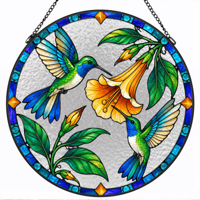 Art mural sur toile vitrail bleu et vert avec colibris et fleurs orange