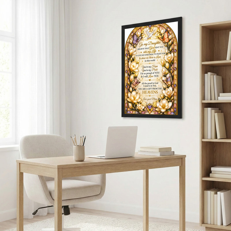 " Gold Stained Glass Mother Daughter Quote " Painting, H 18 po x l 12 po