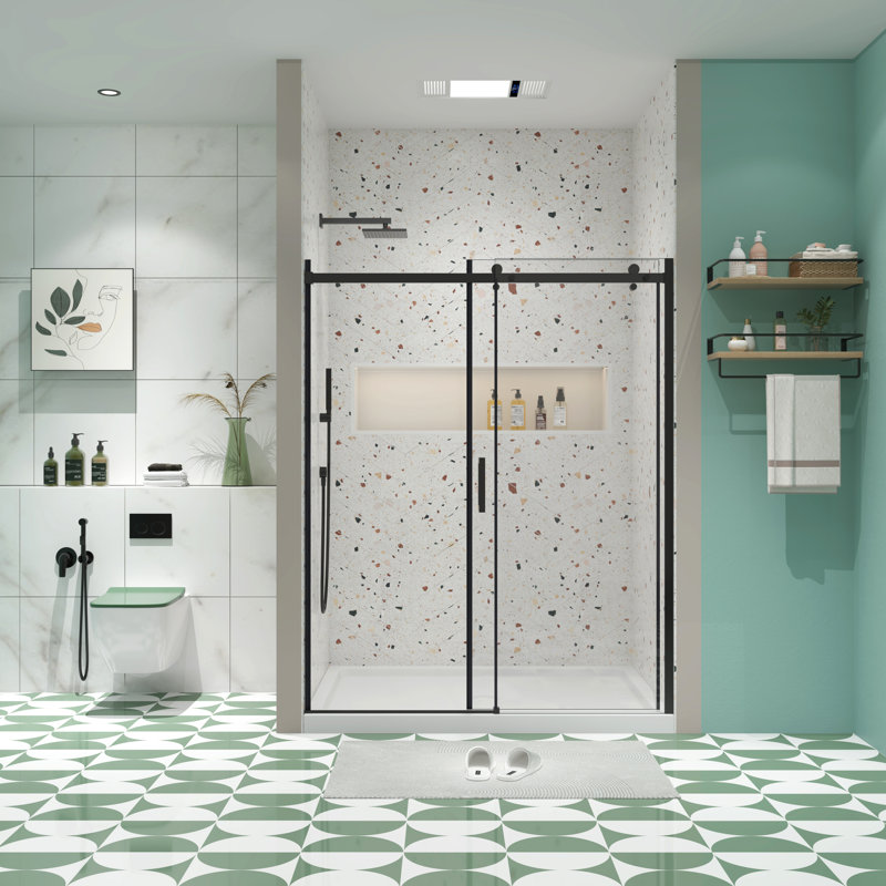 Porte de douche coulissante pour salle de bain trempée 5/16 po - noir mat, lisse et silencieuse avec verre de traitement Nano Clean, noir pour