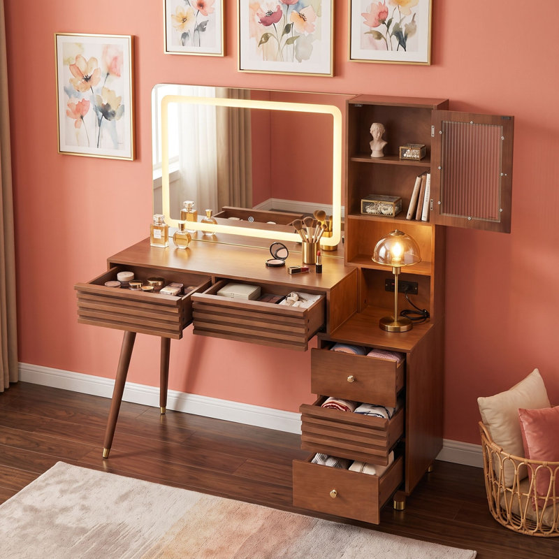 Meuble-lavabo élégant avec miroir lumineux à DEL, armoire en verre cannelé, rangement spacieux et station de charge intégrée