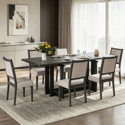 Ensemble de table de salle à manger extensible 7 pièces, table de cuisine à tréteaux 82 po avec 2 rallonges, ensemble de salle à manger en bois massif avec 6 chaises rembourrées pour 6 à 8 personnes