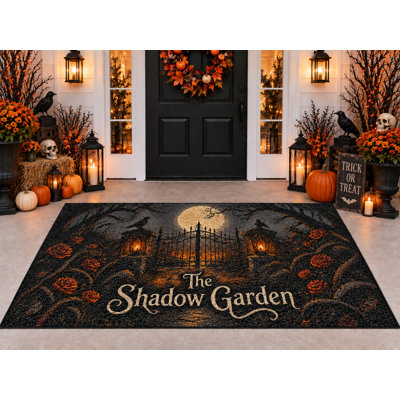 Tapis d'extérieur Halloween 152 x 213 cm, motif jardin d'ombres, imperméable, en PVC bouclé, séchage rapide, idéal pour porche, terrasse, balcon ou entrée.